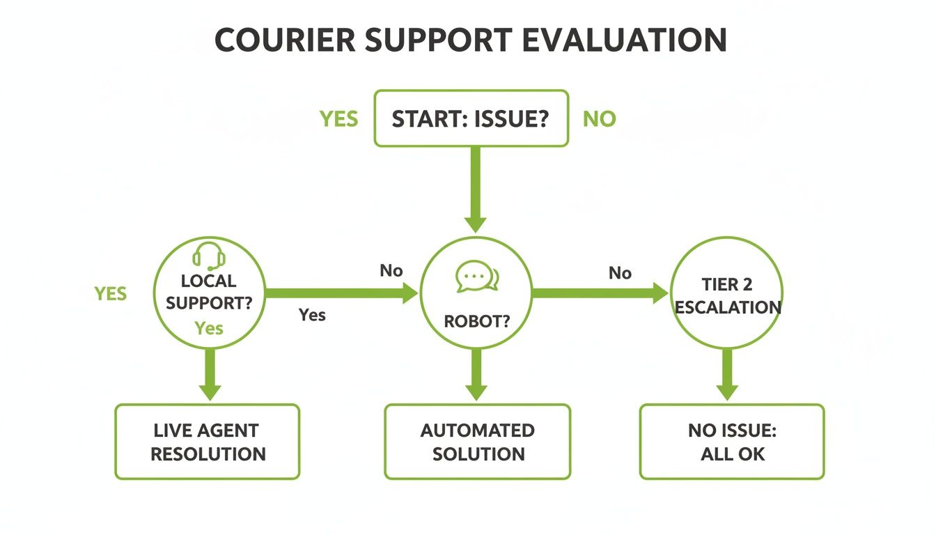 Flowchart showing courier support evaluation, from issue detection, local support, robot interaction, to resolution.