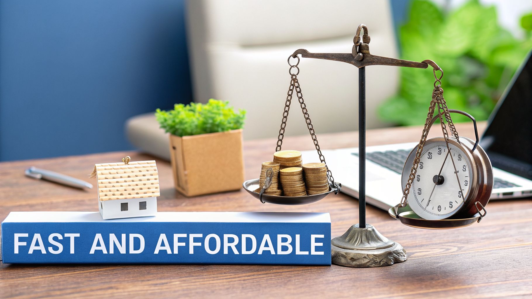 Model house on a book saying 'FAST AND AFFORDABLE' with a scale balancing money and time.