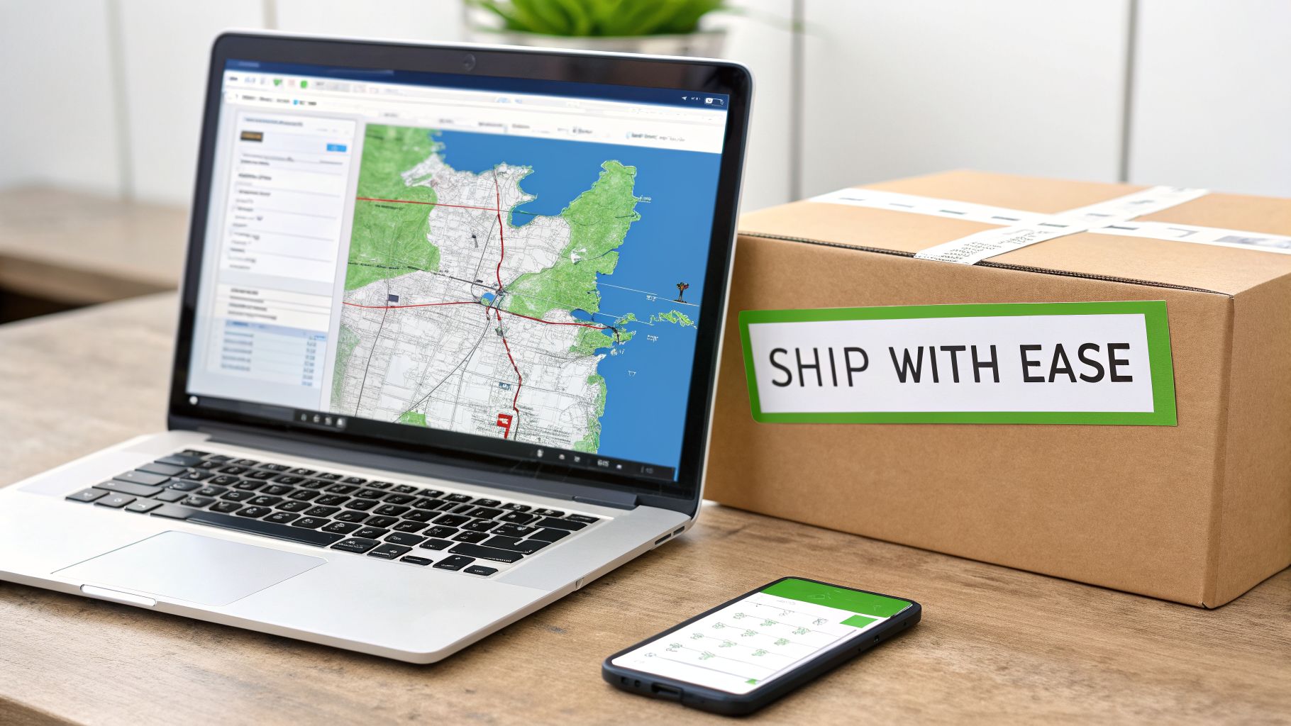 A laptop displays a shipping map with routes, next to a smartphone and a box labeled 'SHIP WITH EASE'.