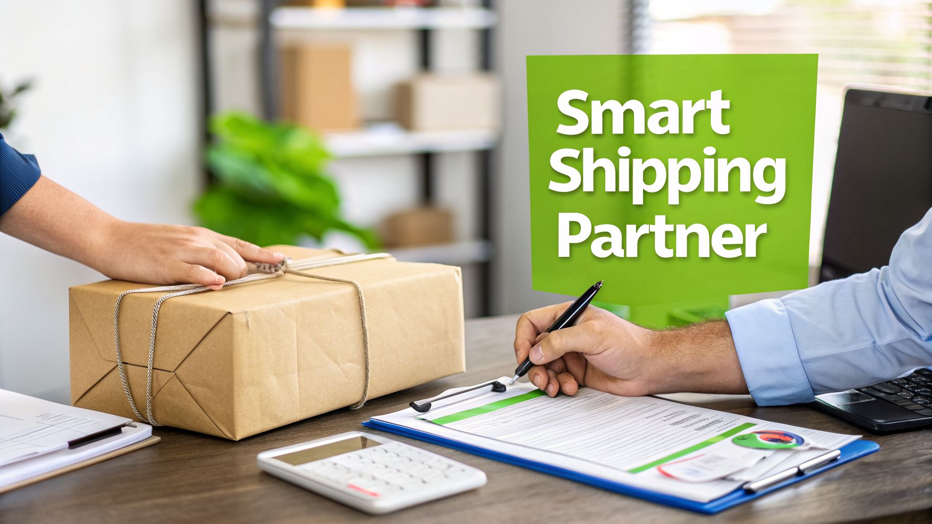 Hands handling a shipping box and signing documents, emphasizing a smart shipping partnership.