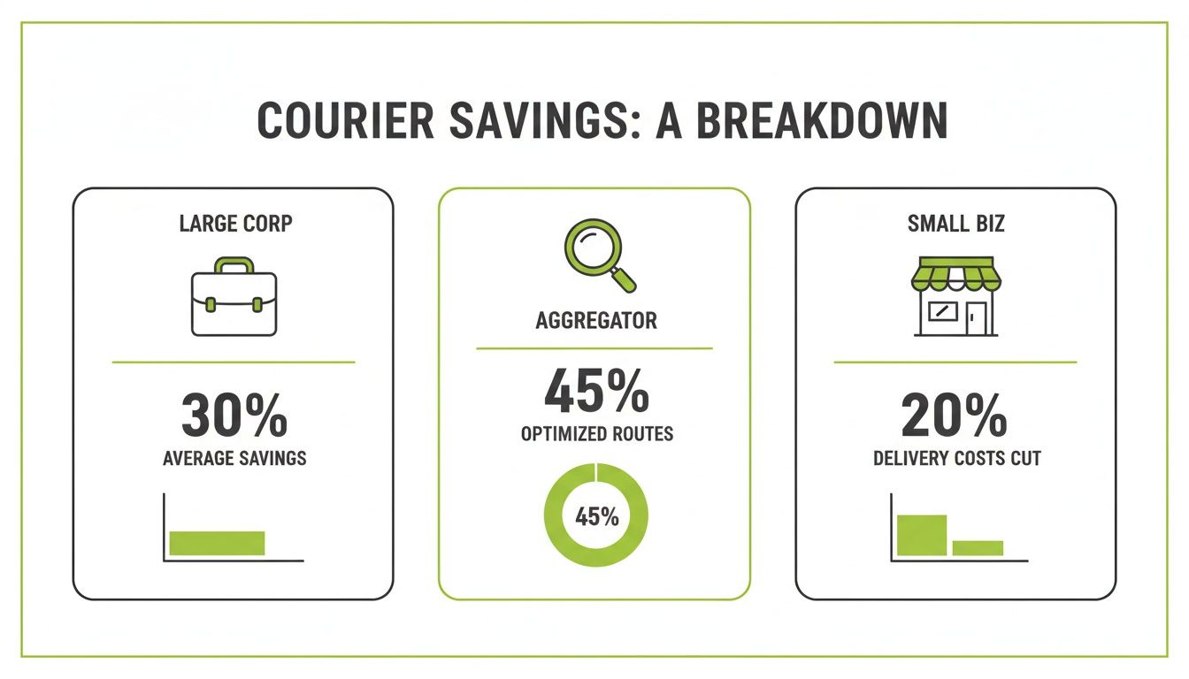 A breakdown infographic illustrating courier savings for large corporations, aggregators, and small businesses.