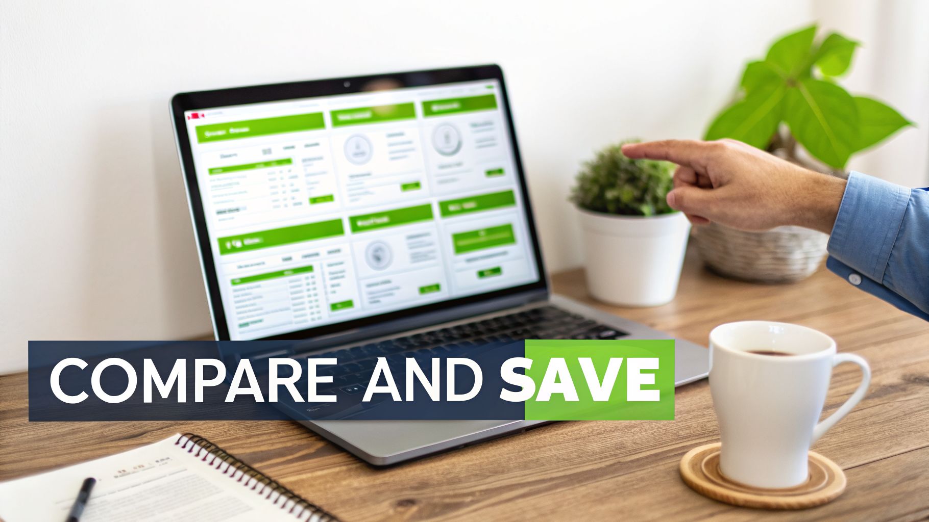 A person's hand points at a laptop screen displaying data, with "COMPARE AND SAVE" overlay text.