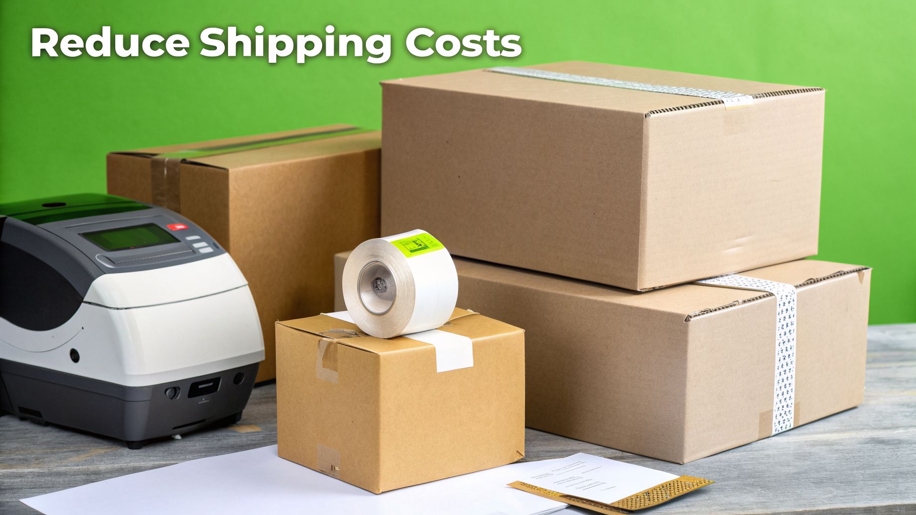 Shipping supplies including cardboard boxes, a label printer, and a roll of labels on a desk.