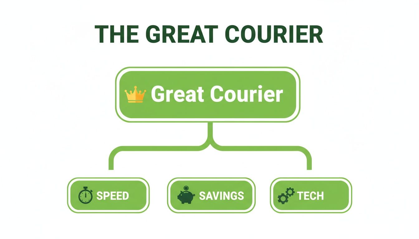 Diagram illustrating the key features of a great courier service: speed, savings, and technology.