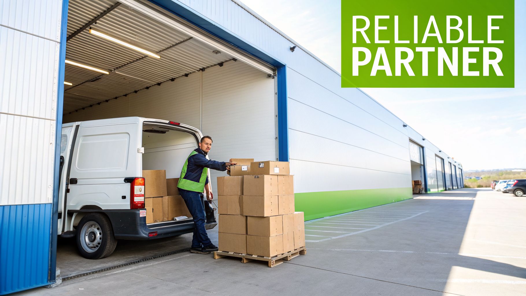A delivery man in a high-vis vest loads boxes from a white van onto a pallet outside a warehouse.