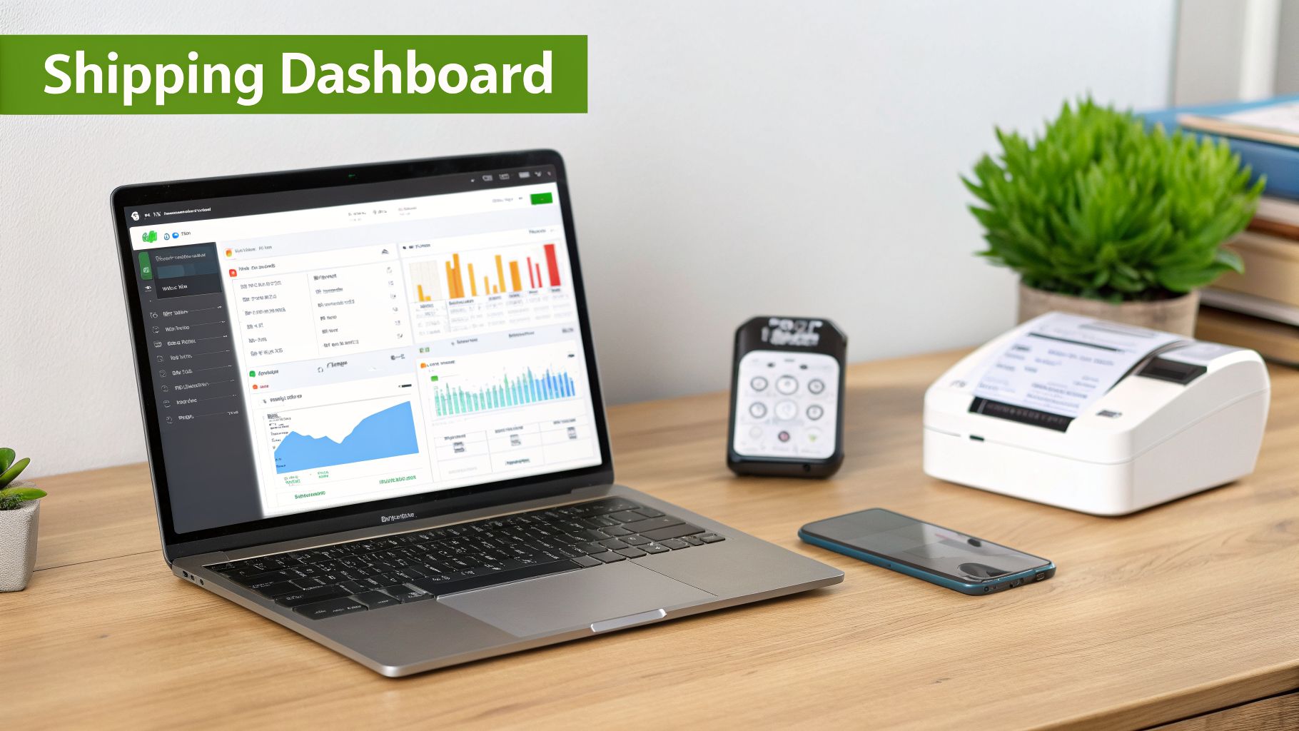 A laptop displaying a shipping dashboard with charts and data, alongside a printer and smartphone on a wooden desk.