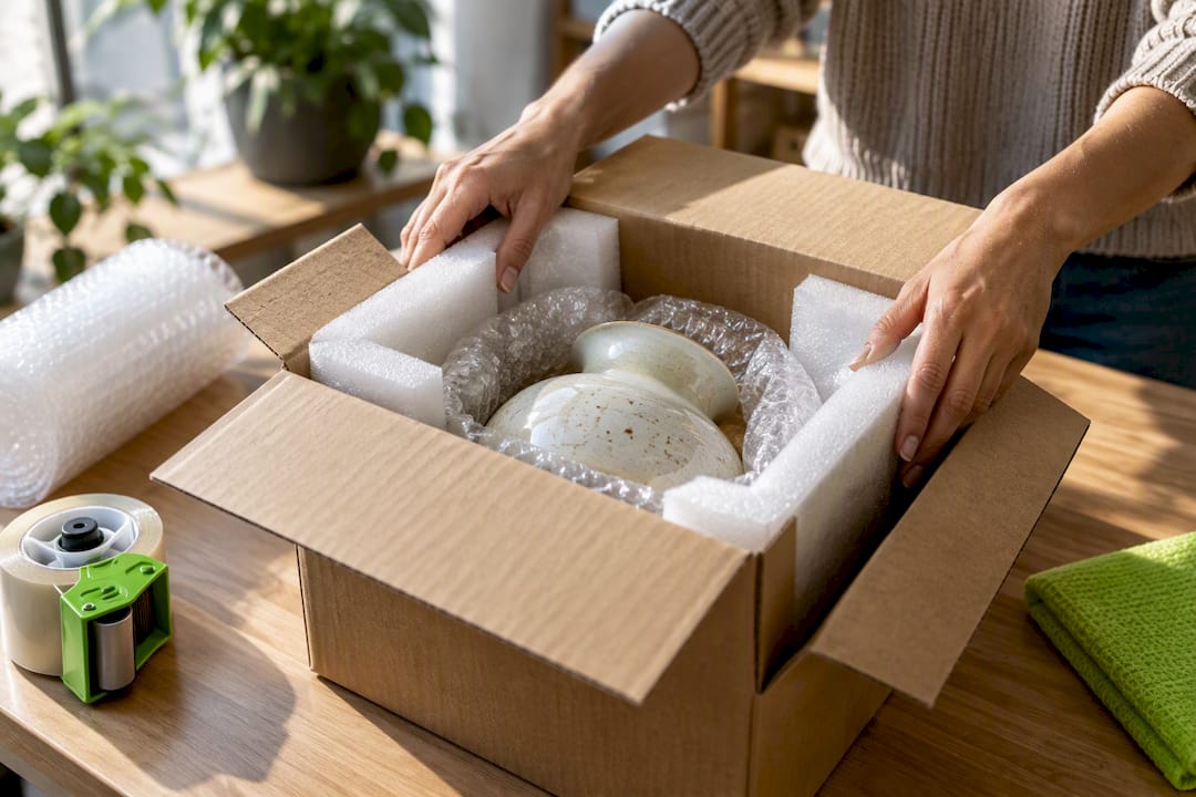 Hands cushioning fragile parcel for shipping