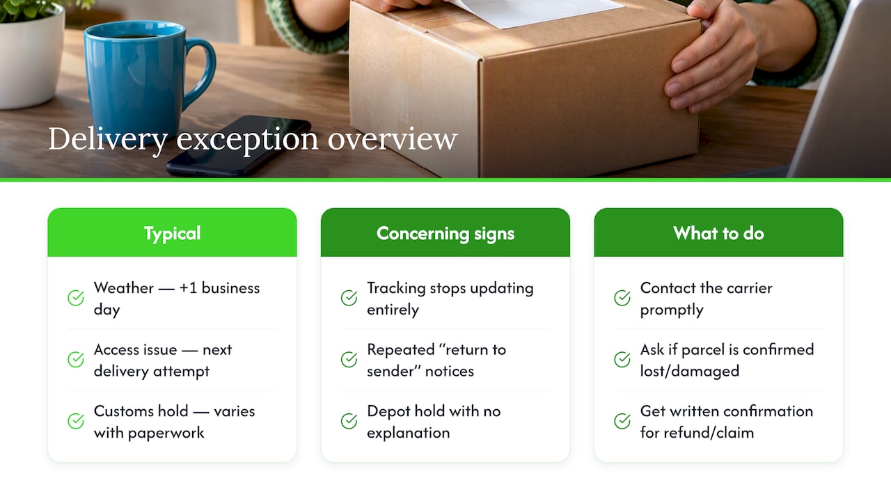 How long a delivery exception typically takes and does it mean the parcel is lost — overview diagram