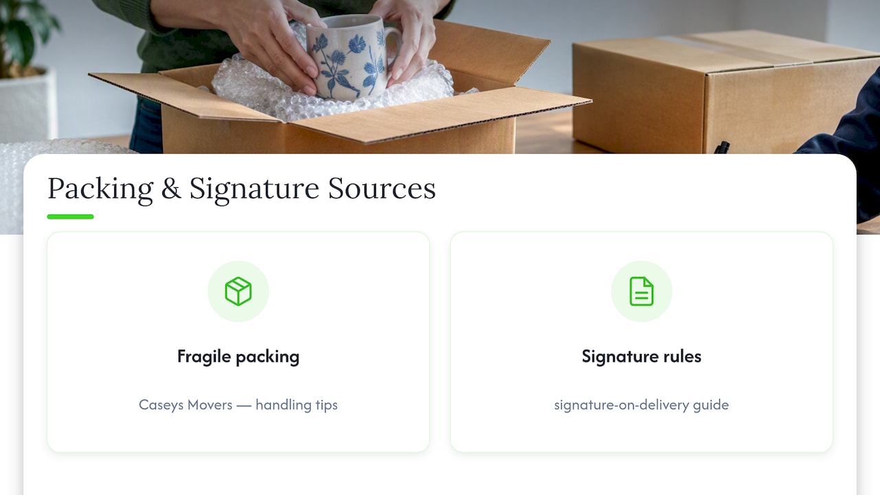 Useful sources for packing, handling and signature guidance — overview diagram