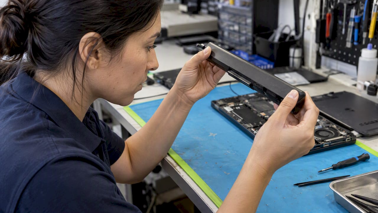 Technician checking laptop battery for damage