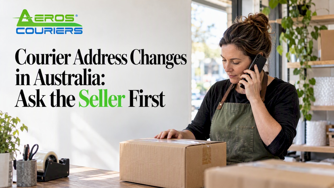 Seller taking a call beside a parcel