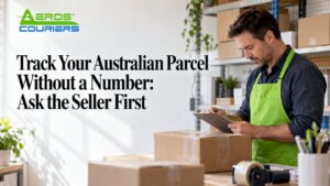 Seller checking dispatch record beside parcel