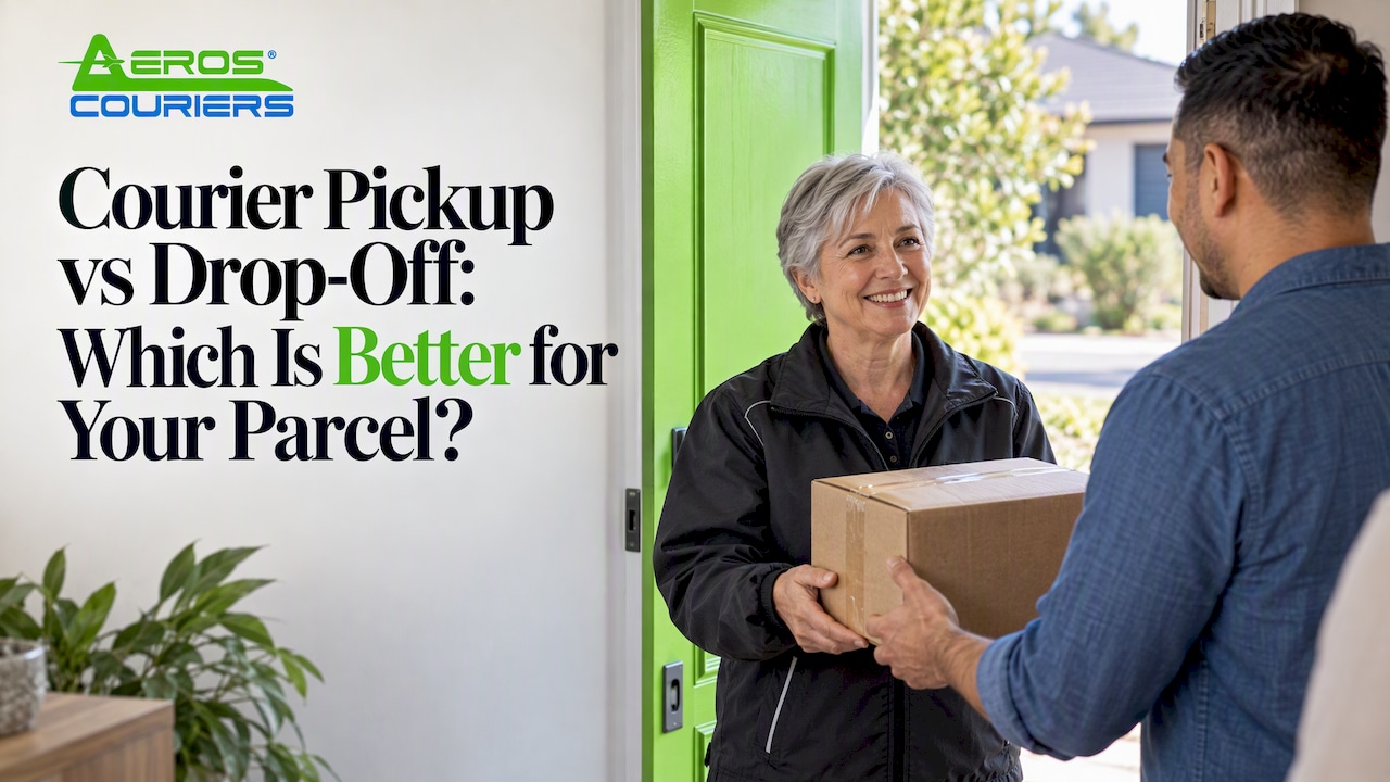 Sender handing a parcel to a courier
