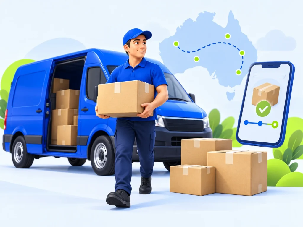 Illustration of a courier collecting parcels beside a blue delivery van, with an Australia route and parcel tracking on a phone.