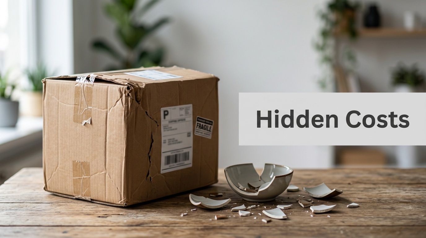 A damaged cardboard delivery box sitting on a wooden table next to a pile of broken ceramic pieces.