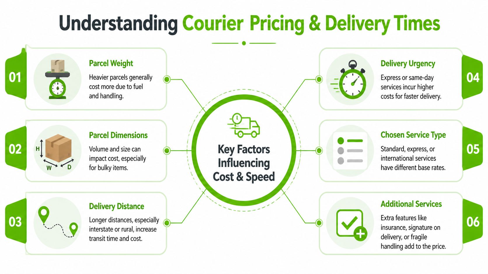 An infographic titled Understanding Courier Pricing and Delivery Times detailing six key factors influencing shipping costs.
