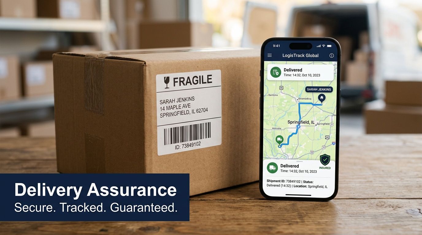 A brown cardboard box with a fragile label next to a smartphone showing real-time delivery tracking information.