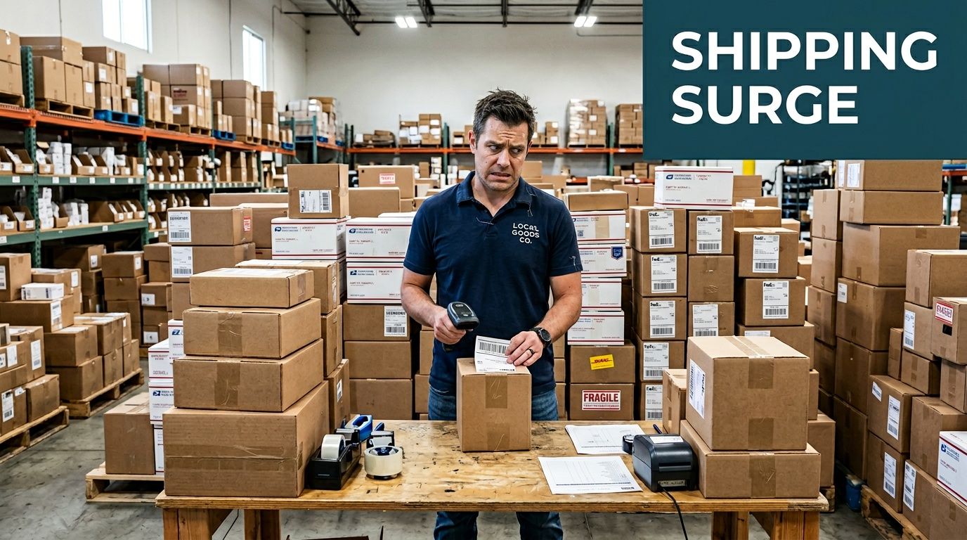 A man wearing a Local Goods Co shirt looks stressed while scanning shipping labels in a warehouse.