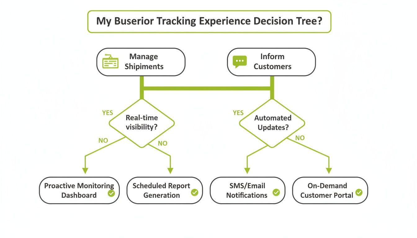 Decision tree illustrating Buserior tracking options for managing shipments and informing customers.