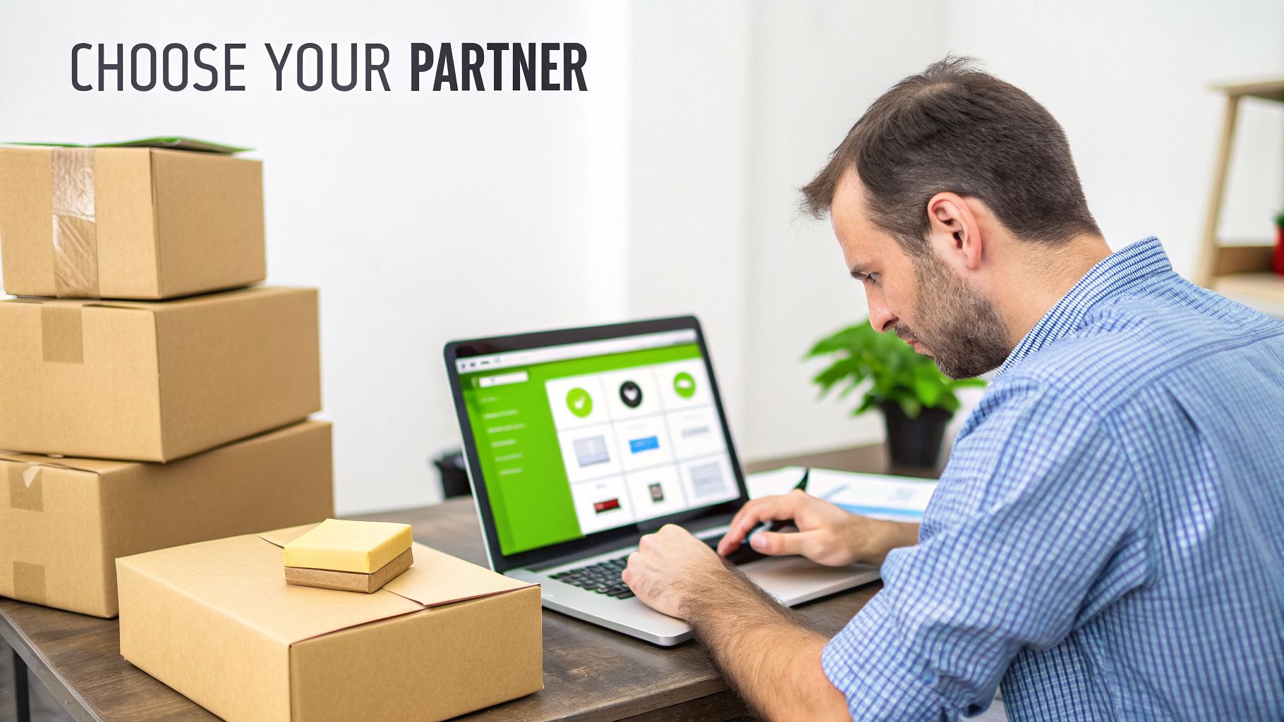 Entrepreneur working on a laptop with shipping boxes, managing online logistics.