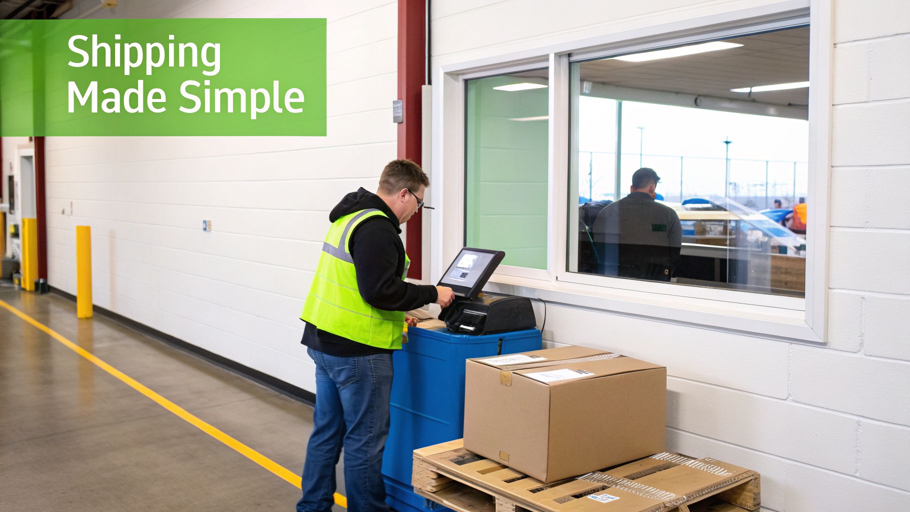 A worker in a high-visibility vest operates a shipping station with boxes ready for shipment.