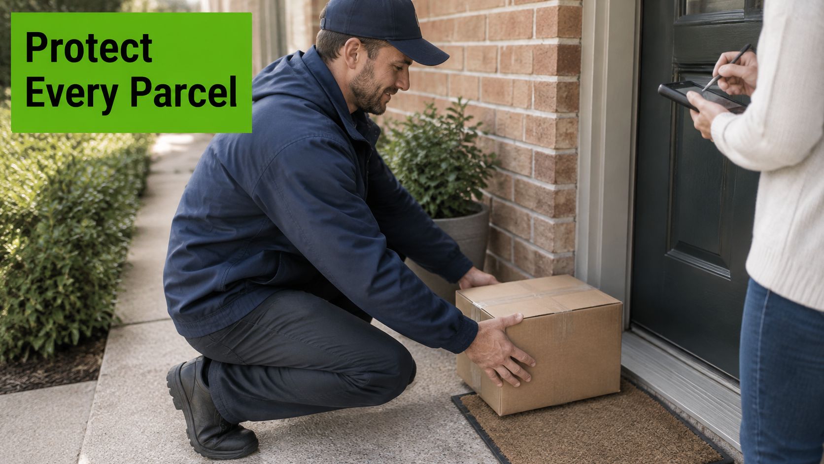 A courier in a blue uniform delivers a cardboard package to a residential doorstep for signature.