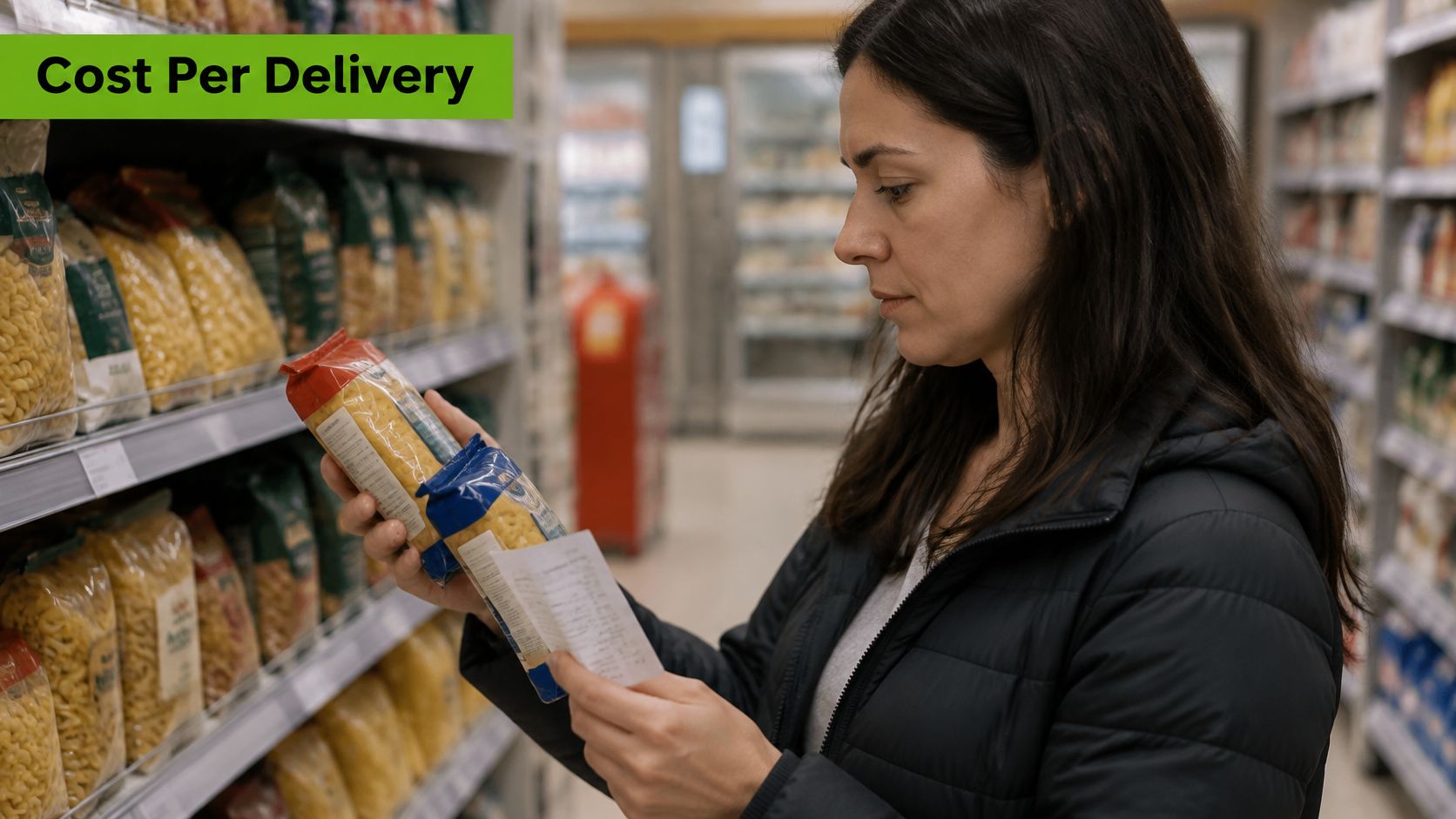 A woman shopping for pasta in a grocery store while comparing prices with a receipt.