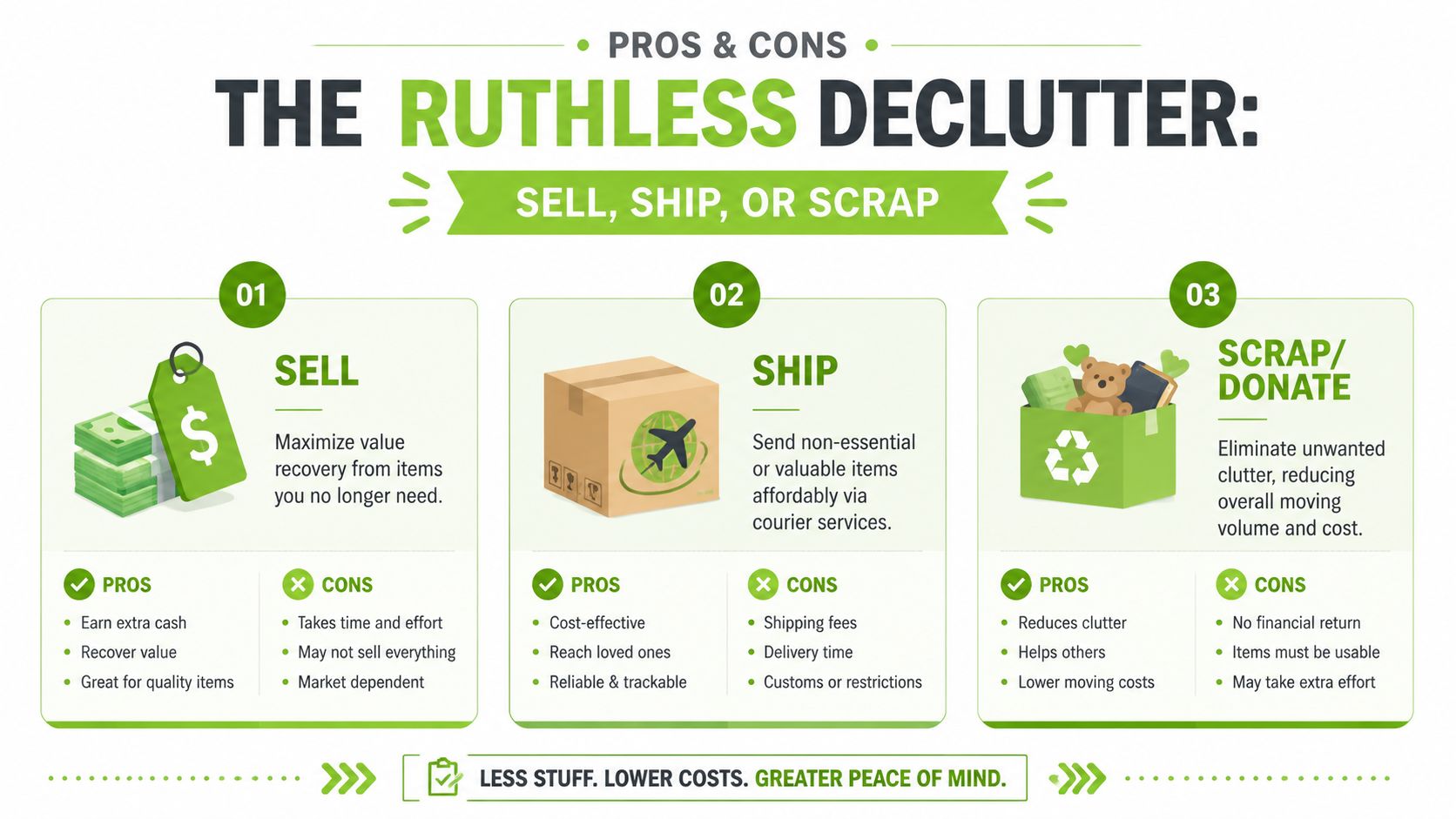 A decluttering guide infographic outlining pros and cons of selling, shipping, or donating items when moving house.