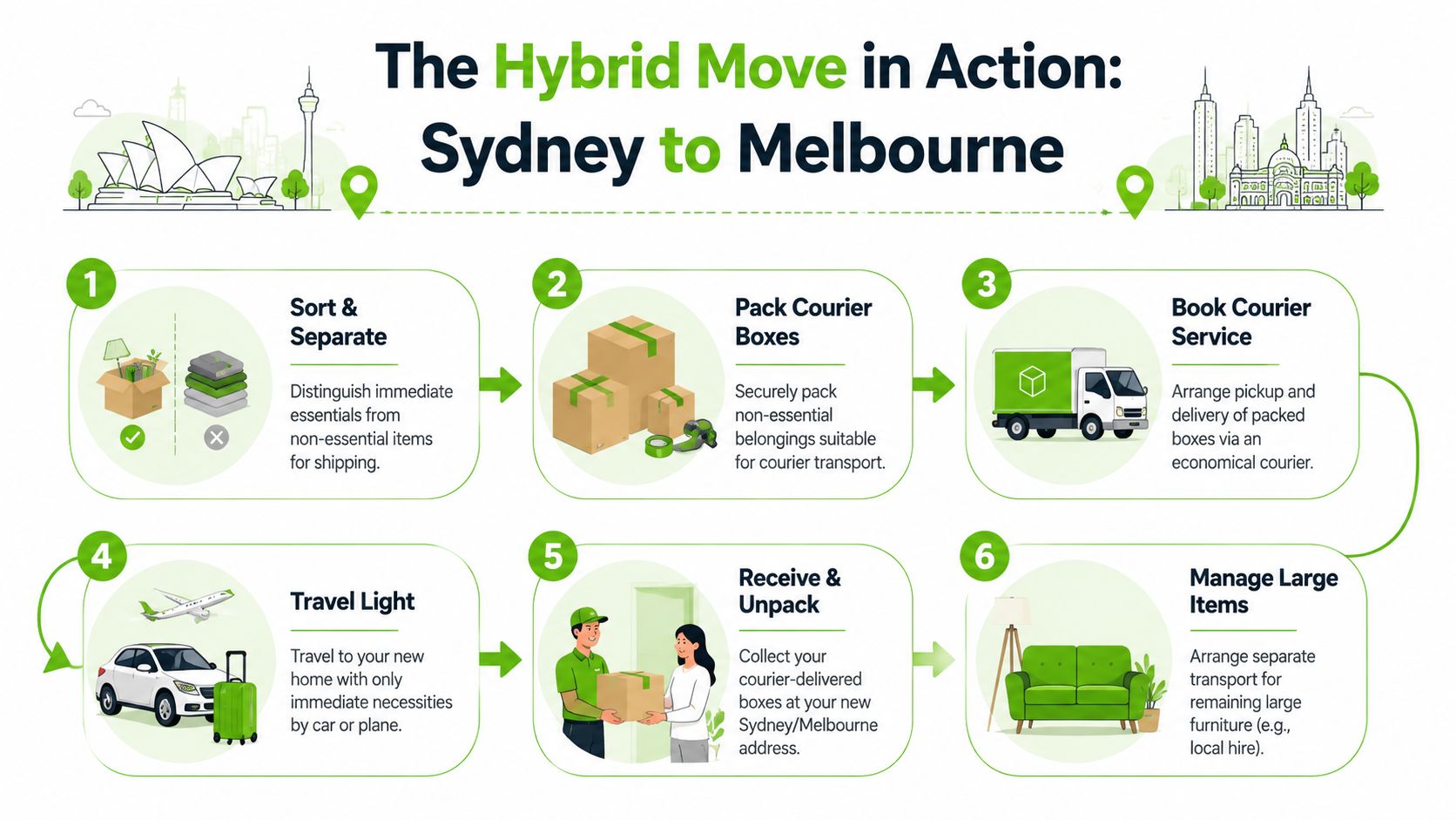 A six-step infographic detailing the hybrid moving process from Sydney to Melbourne with logistics steps.