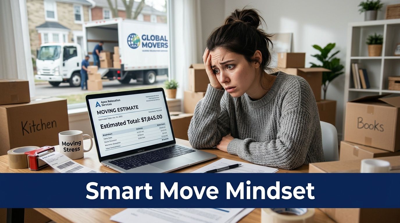 A stressed woman looking at a high moving estimate on her laptop surrounded by packed cardboard boxes.