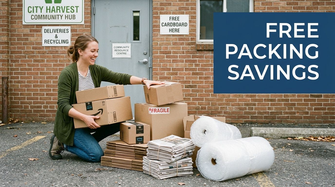 A woman kneeling by boxes and bubble wrap outside a building with a Free Packing Savings sign.