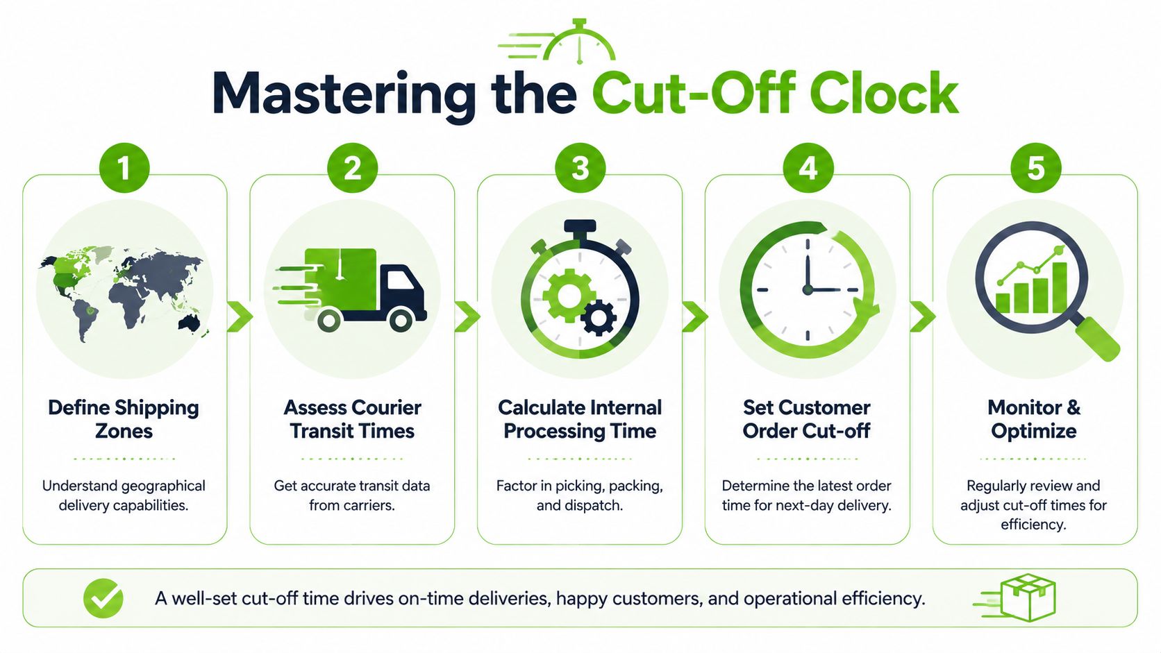A five-step infographic guide titled Mastering the Cut-Off Clock for improving logistics and delivery efficiency.