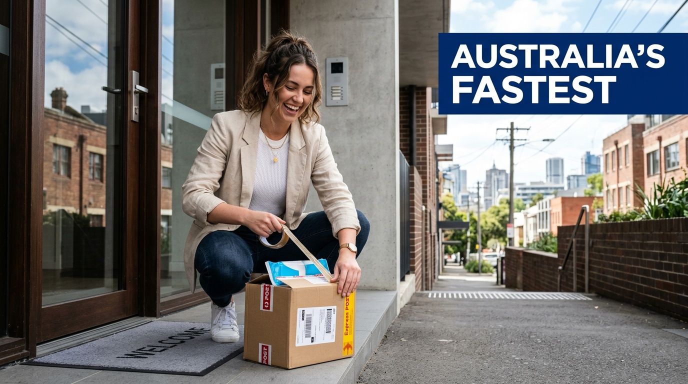 A smiling woman prepares a package for next day delivery on her doorstep with tape.