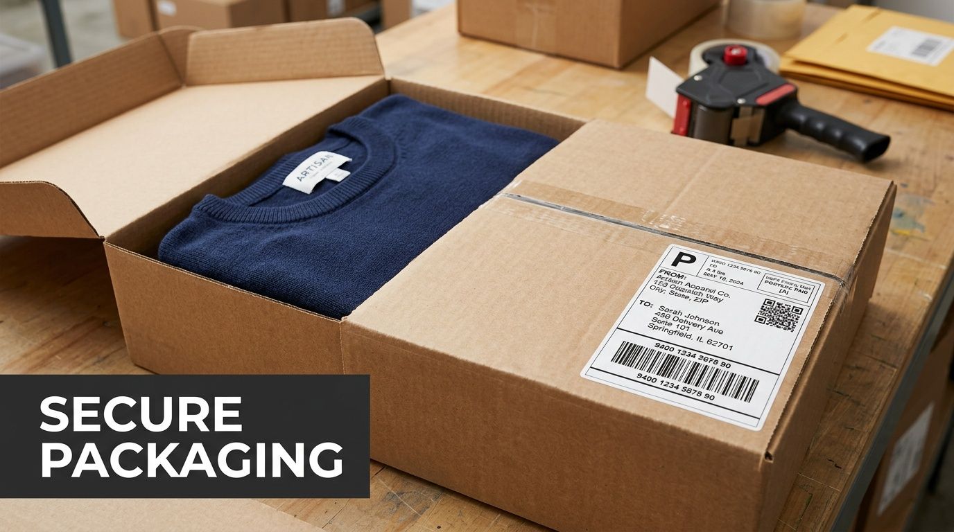 A cardboard package containing a folded blue sweater sits on a wooden desk with a shipping label.