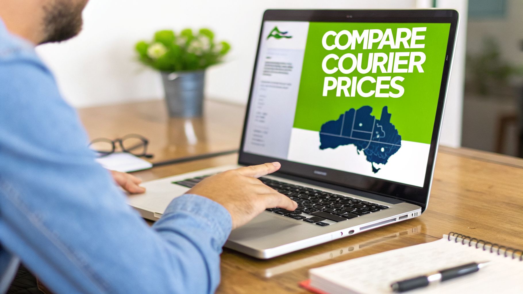 User navigating a website on a laptop to compare courier prices across Australia.
