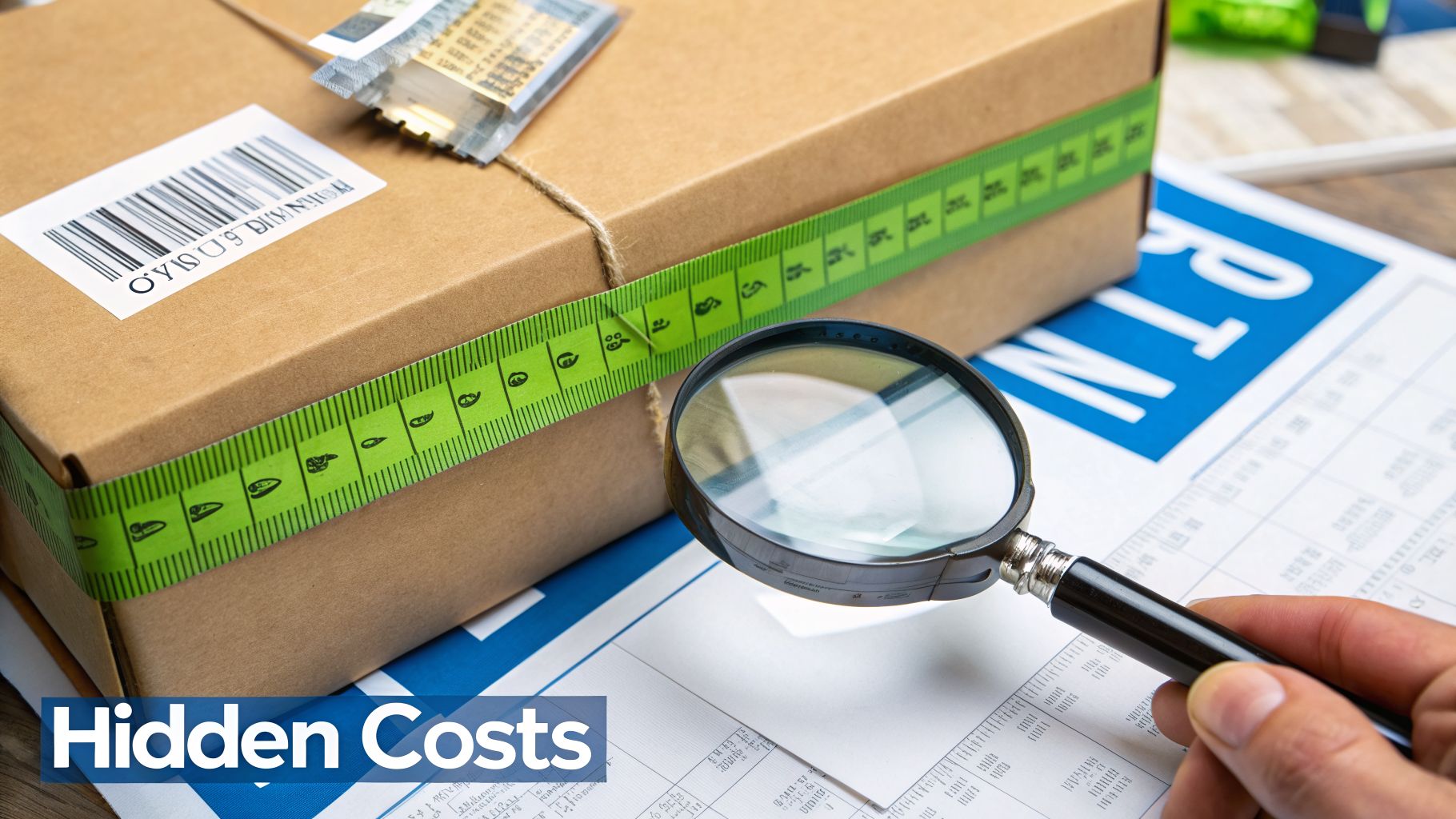 A hand holds a magnifying glass over documents next to a parcel with measuring tape and barcode.