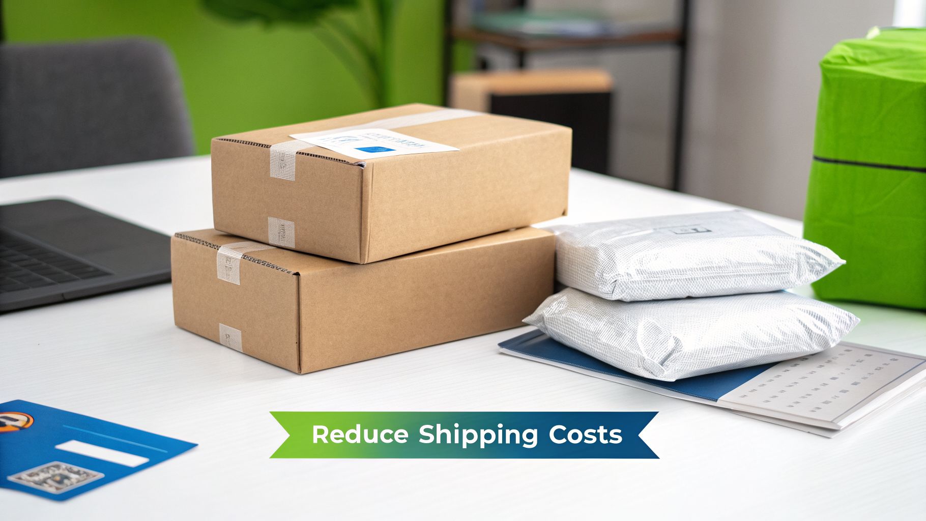 Various packages and mailers on a white desk, illustrating options for reducing shipping costs.