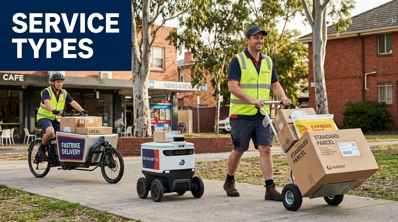 A delivery cyclist, an autonomous robot, and a postman with a trolley delivering packages in Australia.