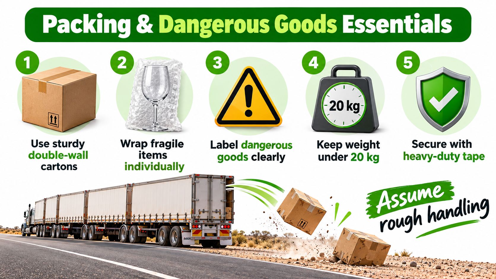A list of five essential packing tips for shipping goods safely, including using sturdy boxes and clear labels.