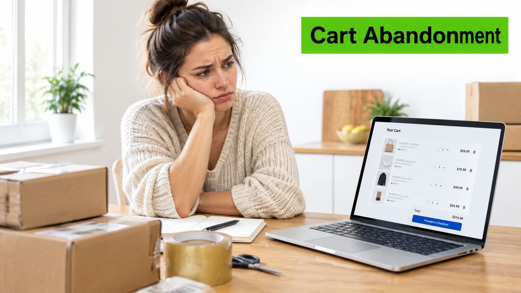 A woman looks frustrated at her laptop screen displaying an online shopping cart, surrounded by shipping boxes.