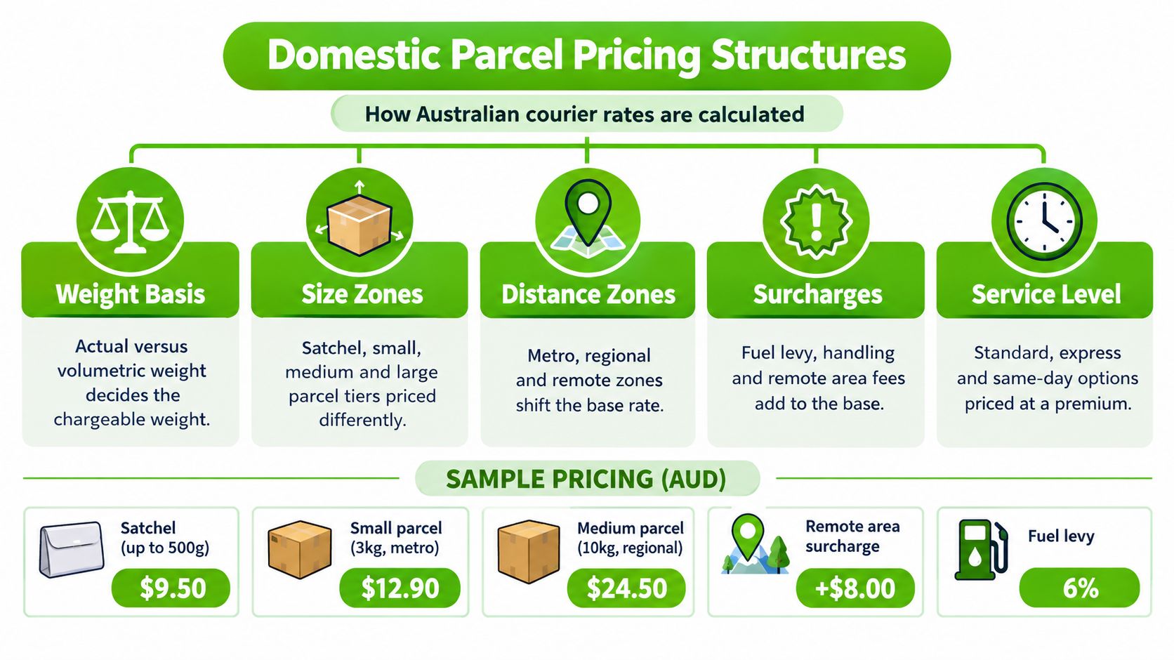 An infographic titled Domestic Parcel Pricing Structures explaining how Australian courier rates are calculated for packages.