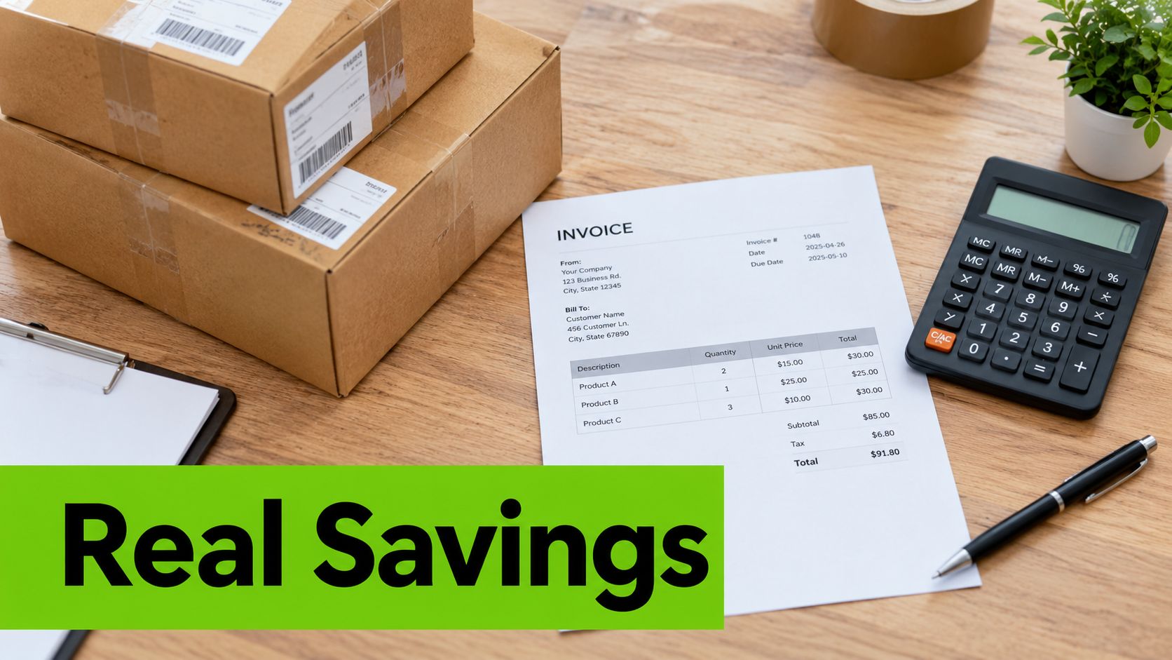 A desktop setup featuring cardboard shipping boxes, an invoice, a calculator, and a pen on a wooden table.