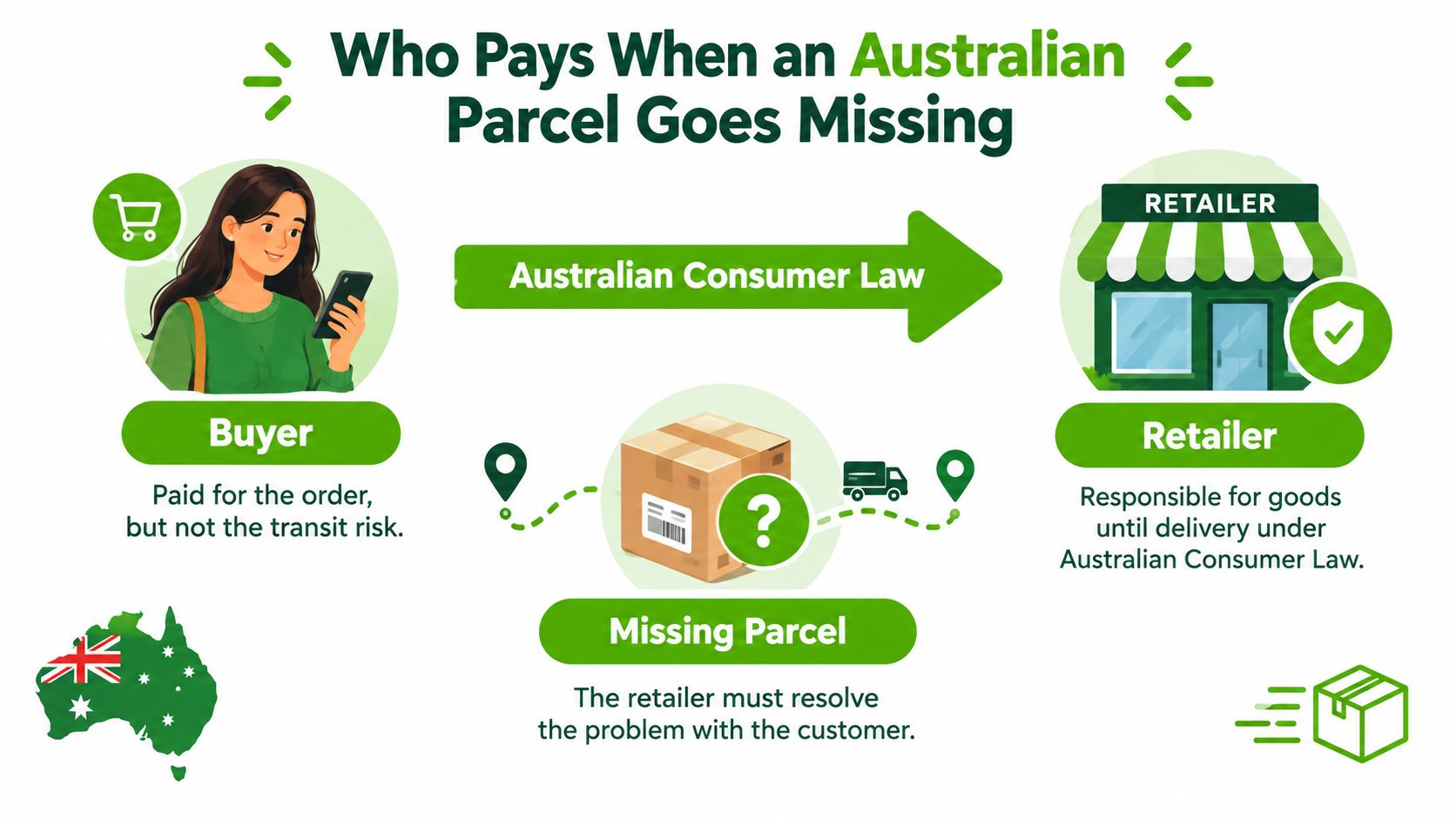 An infographic explaining that retailers are responsible for missing parcels under Australian Consumer Law, not the buyer.