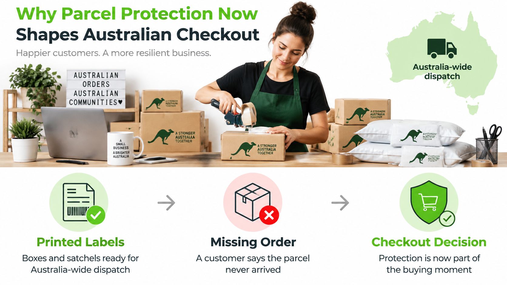 A smiling person packing shipping boxes, illustrating the importance of parcel protection for Australian e-commerce business owners.
