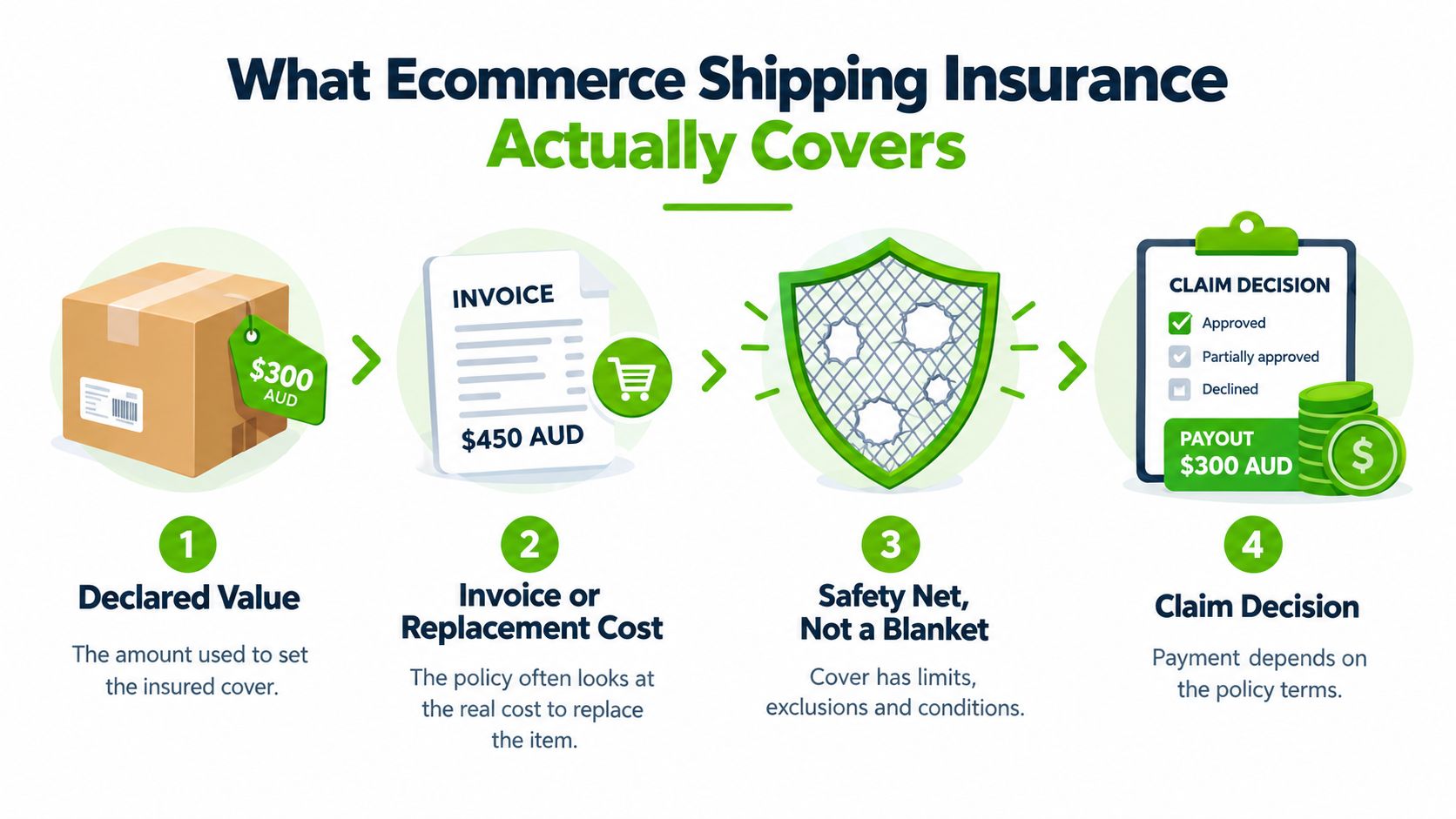 An infographic illustrating the four-step process of how ecommerce shipping insurance coverage and claim payouts actually work.