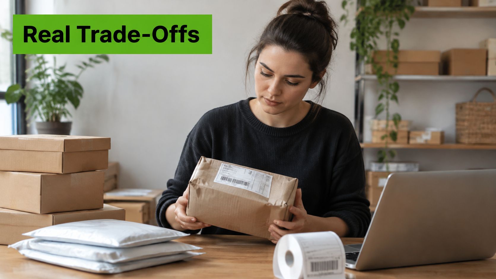 A woman working from home preparing cardboard shipping packages with labels for her ecommerce business.