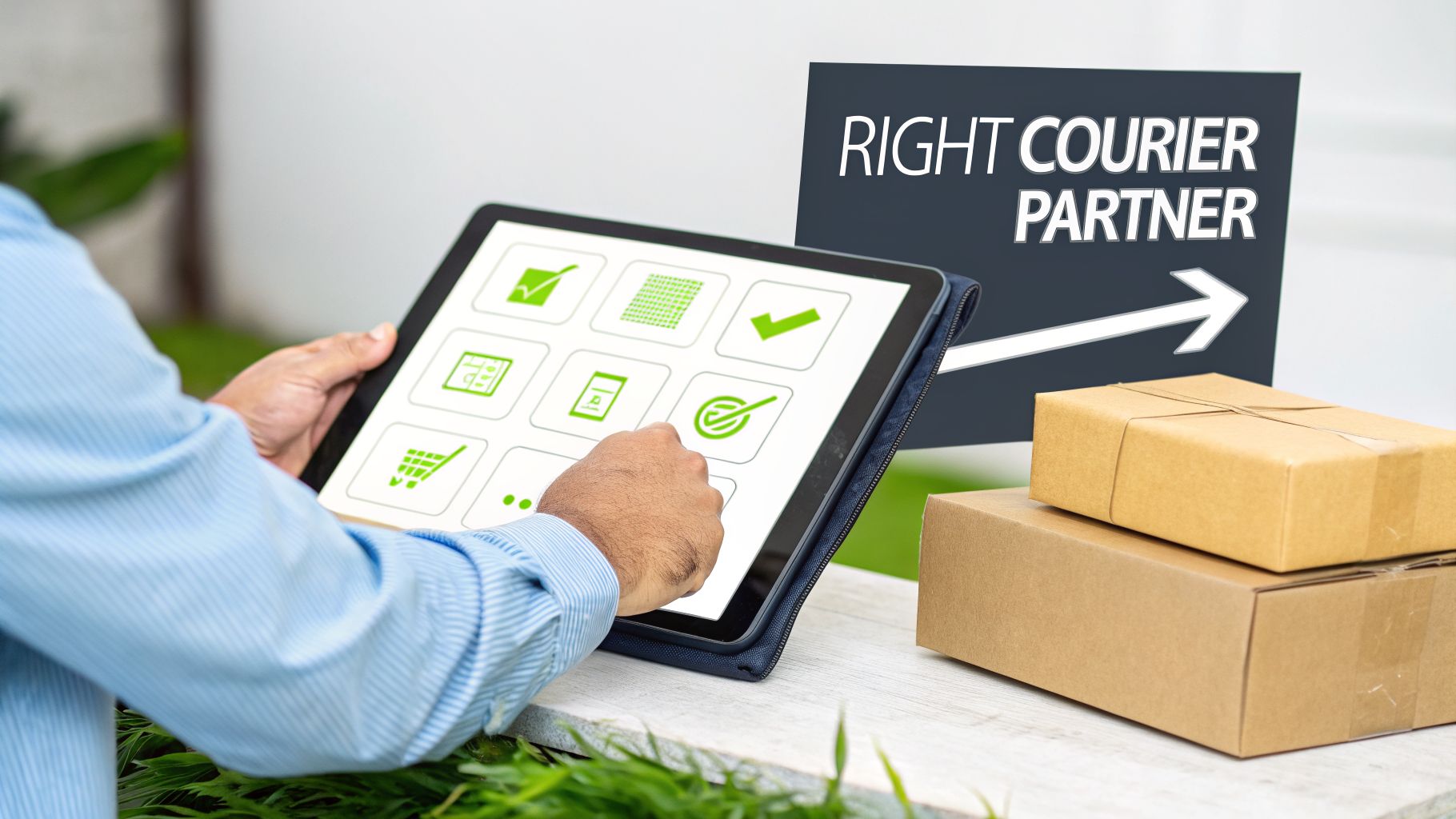 Person selects a courier partner on a tablet with various icons, next to packages and a 'Right Courier Partner' sign.