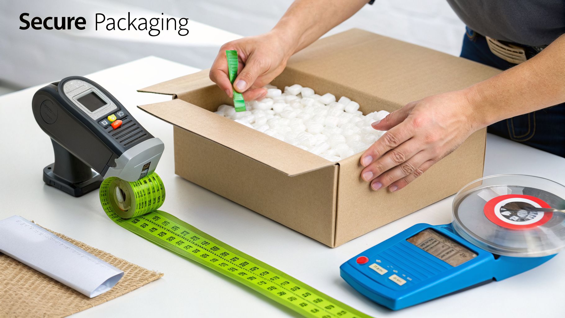 Hands filling a cardboard box with white packing peanuts, next to a tape dispenser and a scale.