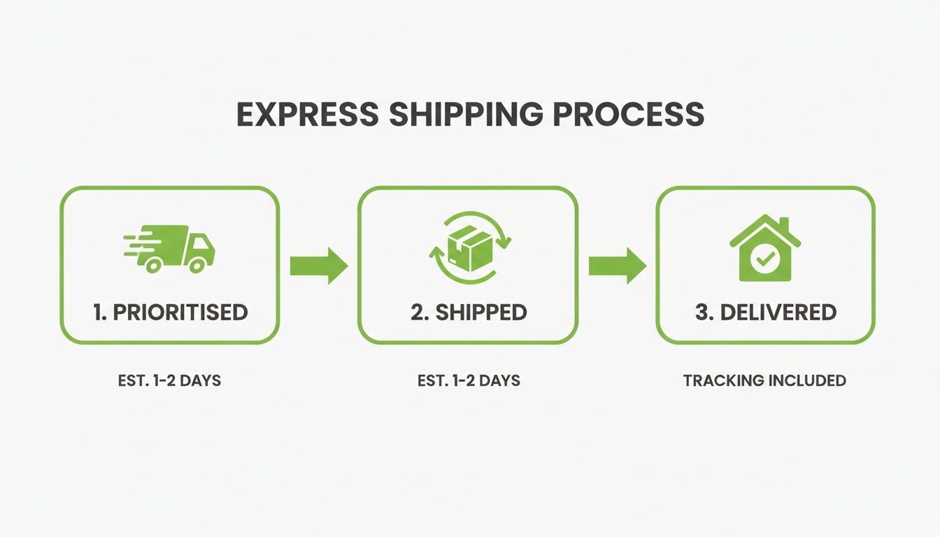 An infographic detailing the express shipping process: 1. Prioritised, 2. Shipped, 3. Delivered, with associated timeframes.