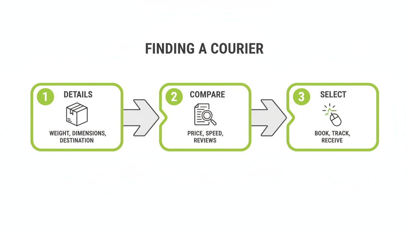 A three-step diagram showing how to find a courier: input details, compare services, and select.